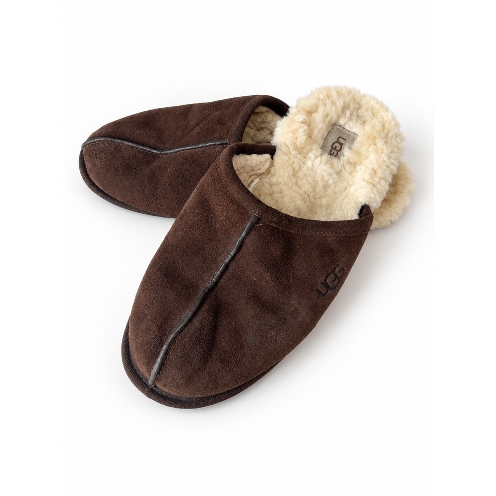 UGG Men's Size 14 Brown Suede Scuff Slippers Shearling Lined Slip On